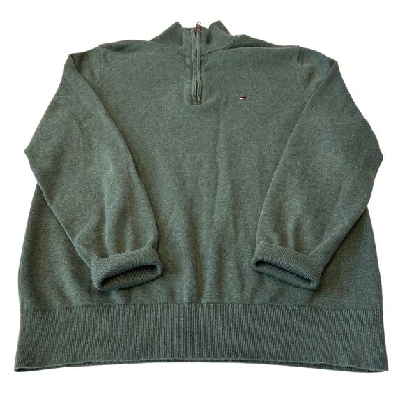 Tommy Hilfiger Sweater Men's Pullover 1/4 Zip Green Cotton Mock Neck Preppy XL - Picture 1 of 7